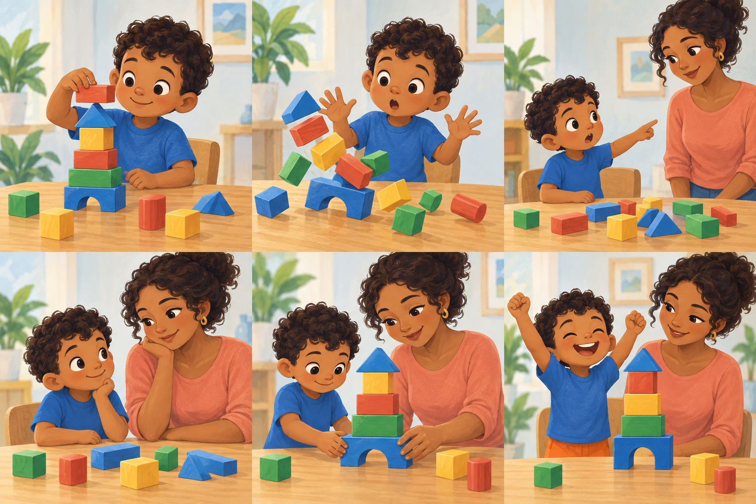 Leo, de camiseta azul, monta uma torre de blocos sobre uma mesa.