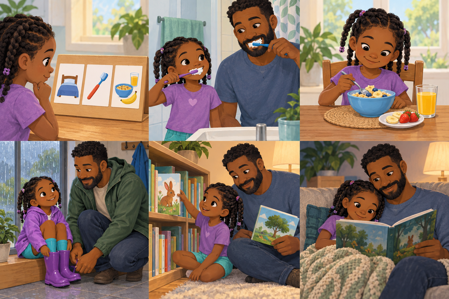 Nina e o pai observam cartões com desenhos da rotina da manhã.